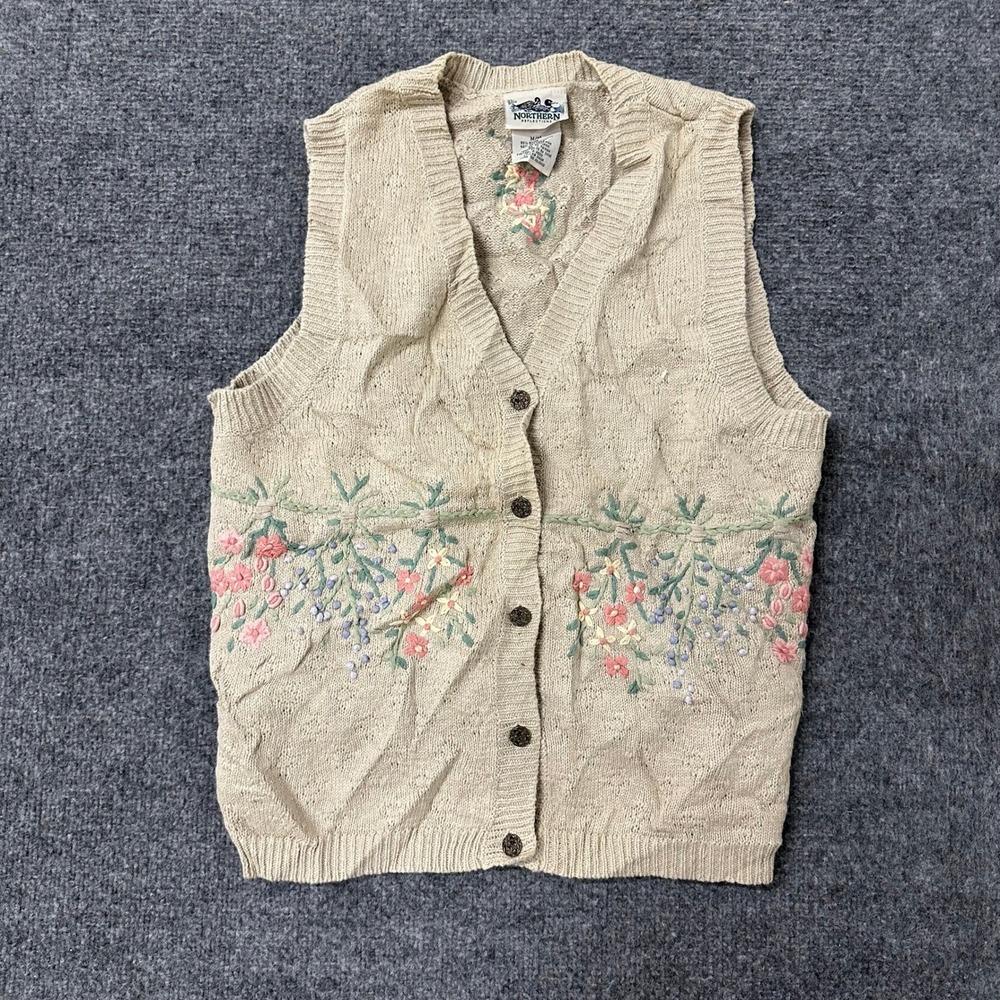 Northern Reflections Sweater Vest Womens Size Medium Beige Floral Knit Button Up